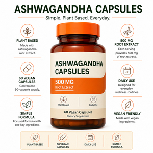 Capsules d'Ashwagandha biologique de haute qualité 500 mg Premium Ksm-66, 60 unités, soutien immunitaire, gestion de l'énergie, soutien du sommeil, pour adultes - Product Image 2