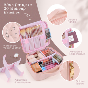 Leather Fashion Travel Makeup Bag with Zipper Closure Portable Artist Storage with Makeup Brushes Holder Zipper Pouch - Product Image 3