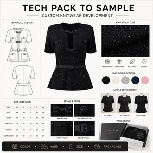Maglioni Moda Donna, Top Nero a Maniche Corte in <span class=keywords><strong>Maglia</strong></span> con Bottoni, Fiocco, Ricami e <span class=keywords><strong>Paillettes</strong></span>, Blusa Traspirante Casual OEM ODM - Product Image 2