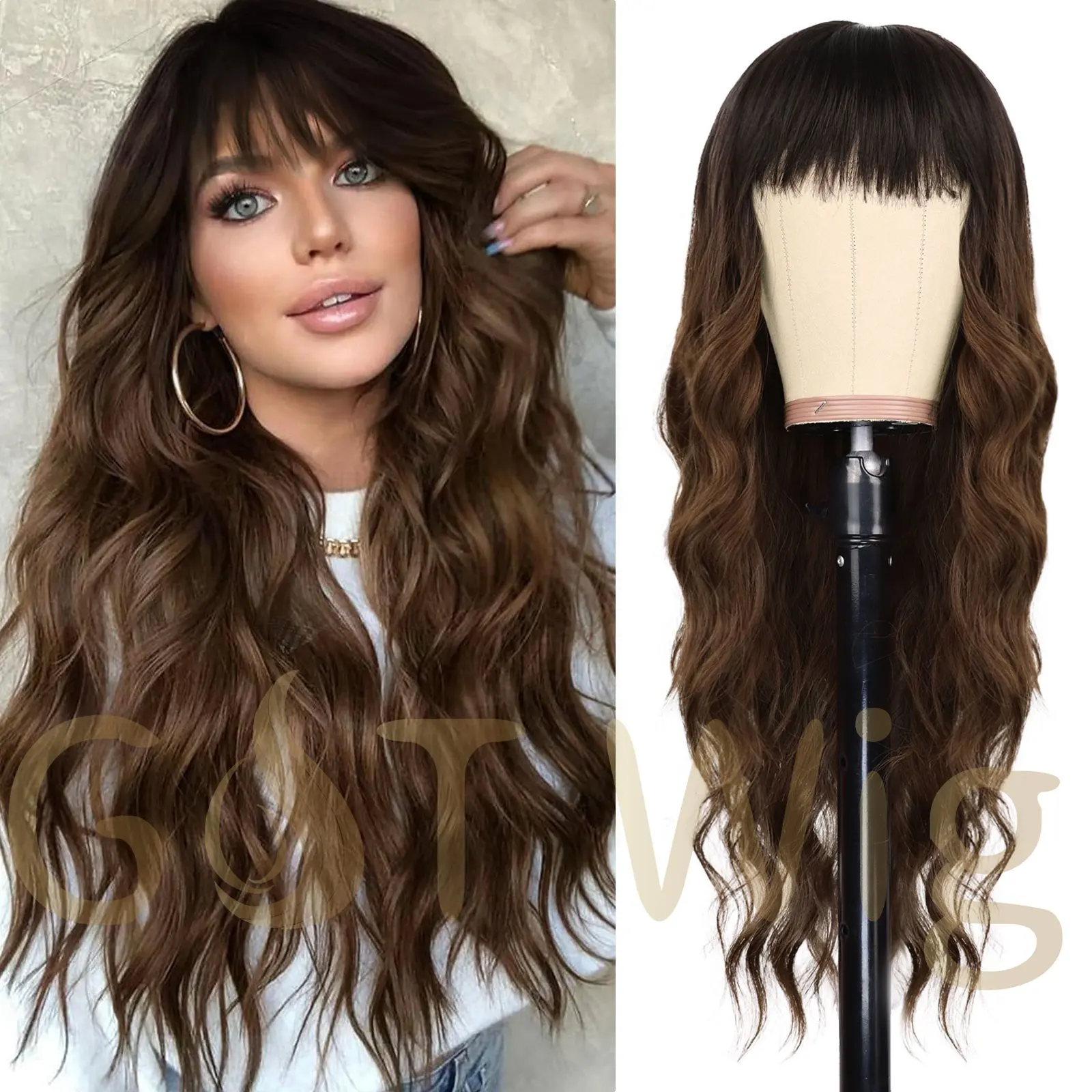 G&T Wigs Ombre Brown Wig with Bangs for Women Long Wavy Synthetic Heat Resistant Fiber Curly Wigs for Girls Daily Party Use