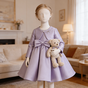Abito da festa <span class=keywords><strong>lilla</strong></span> a maniche lunghe per bambina, con fiocco, in raso, modello A-line, per damigella d'onore - Product Image 4