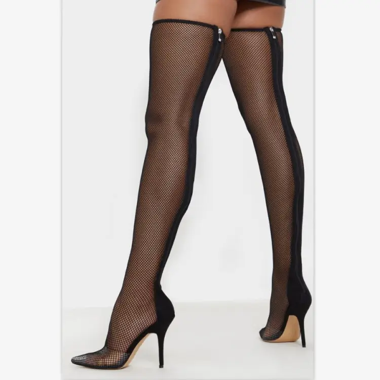 Vrouwen Visnet Overknee Hoge Laarzen Pvc Stiletto Zomer Laarzen Dames Lange Terug Rits Wees Teen Sexy Lange Dij Hoge Laarzen