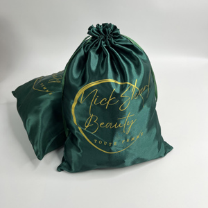 Custom Emerald Green Satin <b>Drawstring</b> Bags with Gold Print - Hair Extension <b>Pouches</b> Microfiber Jewelry <b>Pouch</b> - Product Image 3