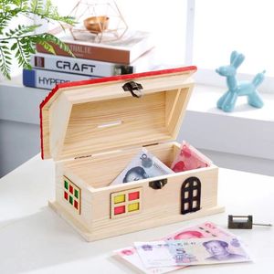 Wooden House Piggy Bank With Lock Small Size Desktop <b>Ornament</b> Gift Box For Children Money Storage - Product Image 3