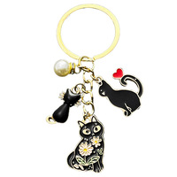 Porte-clés chat noir émaillé style dessin animé avec perle et cœur, pendentif de sac en métal – Grande Vente