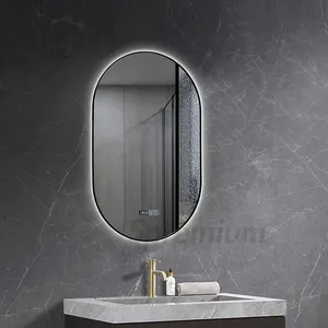 Cermin kamar mandi LED bingkai hitam klasik, cermin kamar mandi dengan bingkai Ultra ramping lampu LED, cermin kaca nyaman layar sentuh