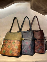 Sac fourre-tout en cuir peint à la main pour femme, style vintage bohème, motif aquarelle, sac à bandoulière en cuir de vachette véritable, grande capacité, pour le bureau et les trajets quotidiens