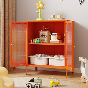 <span class=keywords><strong>Buffet</strong></span> moderne en métal et verre incurvé à 2 niveaux avec double porte et casier à cadre en acier pour rangement de salle à manger - Product Image 2