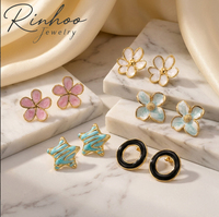 RINHOO - Aretes de Acero Inoxidable al por Mayor, con Esmalte, Diseño de Cereza, Mariposa y Flor, Chapados en Oro, Antialérgicos, Joyería de Moda para Mujer