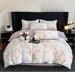 Nouveau 4 pièces Rose motif imprimé <span class=keywords><strong>Polyester</strong></span> lavé imité Lyocell feuille <span class=keywords><strong>housse</strong></span> <span class=keywords><strong>de</strong></span> <span class=keywords><strong>couette</strong></span> et taie d'oreiller literie pour la maison - Product Image 3