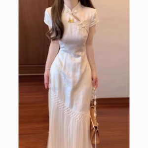 Modern Chinese Style Jacquard Cheongsam Dress With Tassel Design Fitted Waist Women Party Wear - Product Image 2