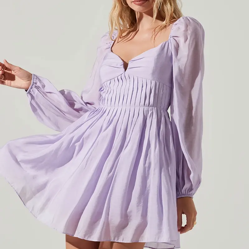 HL OEM Factory Long Sleeve Designer A-line Ruffle Dress Women Custom Backless Dress Wholesale Summer Mini Lavender Party Dress
