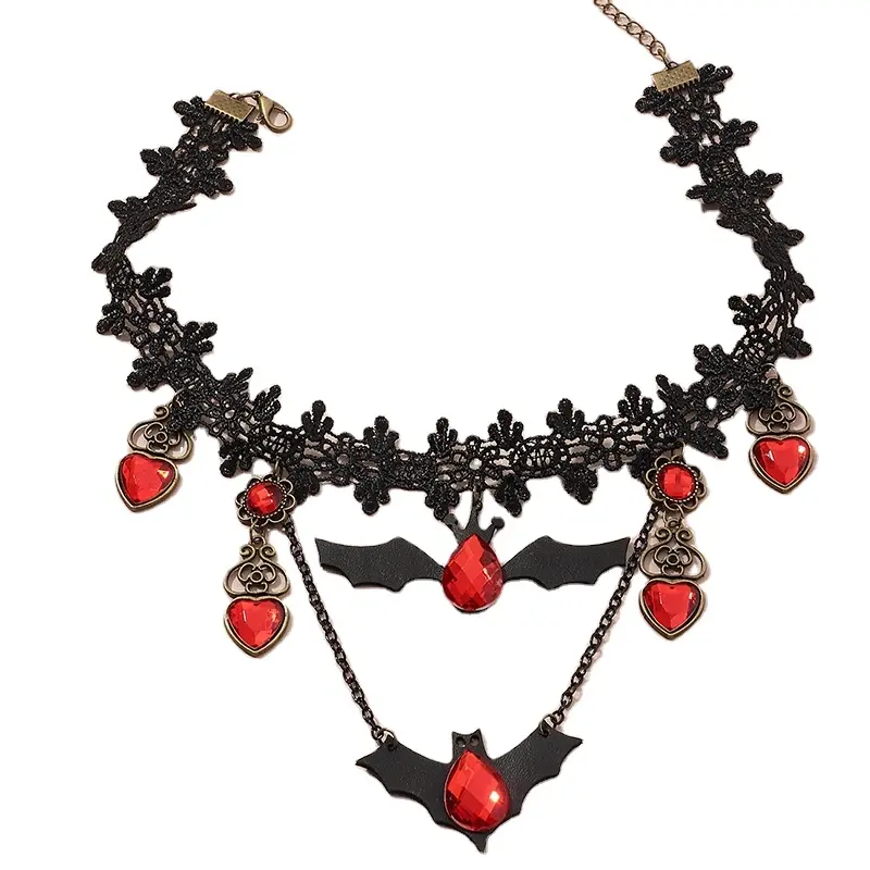 Perhiasan Gotik kalung Choker renda Halloween kelelawar merah untuk wanita kalung berlapis hitam 2024
