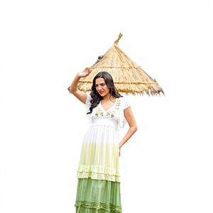 Vestido Midi Boho Azul Floral con Cuello en V, Manga Abullonada, Corte en A, Algodón Ecológico, Estilo Étnico Casual de Verano - Product Image 1