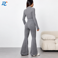Ensemble de yoga côtelé pour femme avec fermeture éclair intégrale, leggings évasés à manches longues, tenue de fitness à col montant, vêtements de sport deux pièces