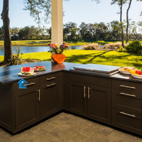 Cuisine extérieure de luxe moderne en acier inoxydable, îlot de cuisson avec barbecue, évier, robinet et crédence, chariot de cuisson, Sweet Home
