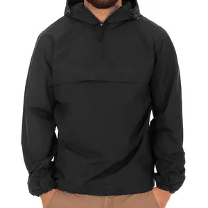 Veste à capuche pour hommes, Logo imprimé sur écran tactile, noir Oem imprimé demi-fermeture éclair pull en Nylon uni, veste personnalisée coupe-vent