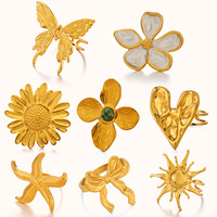 Bague tendance en acier inoxydable plaqué or 18 carats avec motifs cœur, fleur, nœud, étoile de mer, papillon et soleil, pour femme, bijou fantaisie, cadeau tendance