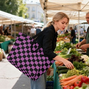 New Arrival Purple Checkered Large Capacity Eco-friendly <b>Foldable</b> Tote <b>Bag</b> Travel Outdoor Grocery Reusable Shopping <b>Bag</b> - Product Image 6