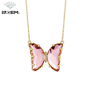 R.GEM. Korean Japan Wholesale 18K Gold Plating Glass Classical Chain Necklace Cute Animal Butterfly Pendant for Girl