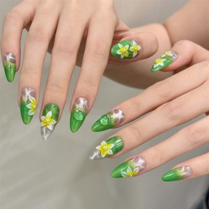 Uñas Postizas Acrílicas de Alta Calidad Hechas a Mano con Diseño de Flores en 3D y Ondas de <span class=keywords><strong>Agua</strong></span> Verdes - Product Image 2