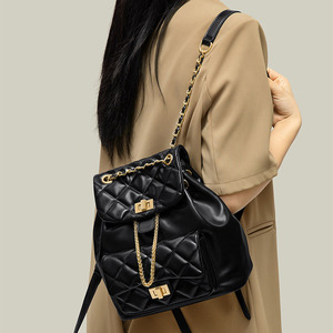 Chic Luxury Quilted Chain Pu Leather Backpack <b>Women</b>-Lightweight Travel School Bag for Style Drawstring Daypack - Product Image 4