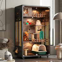 Villa pour chat en bois à plusieurs niveaux, fermée, avec griffoirs intégrés et éclairage intégré pour le repos des chats d'intérieur