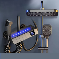 Ensemble de douche thermostatique numérique gris anthracite à touches piano, moderne, en aluminium, avec affichage LED de la température de l'eau, douche pluie 4 fonctions