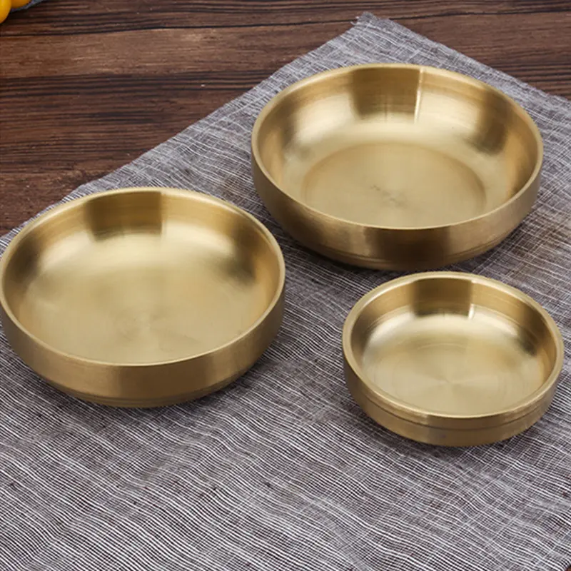 Double Wall Bowl Gold Plated Kimchi Plate Dish Bowl Sauce Vinegar Dish Snack Plates Stainless Steel Round Customized Pattern 10