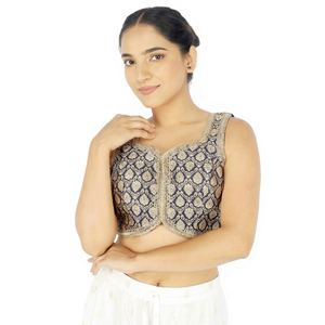 Premium Breathable Silk Jacquard Blue and Gold Embroidery <b>Lehenga</b> Choli Blouse Ethnic Wedding Wear Women Sleeveless Crop <b>Top</b> - Product Image 1