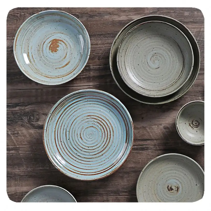 Japanese Vintage Style Porcelain Dinnerware Stone Sage Platos Crockery Platter Plate Pocelana Assiette Pottery Plate set