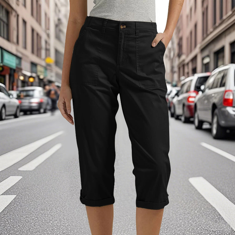 Pantalon cargo 3/4 pour femme, noir, coupe Capri