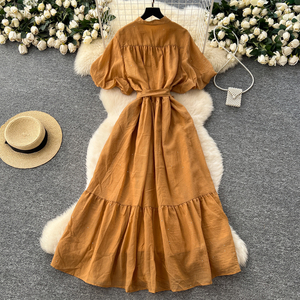 Ladies <strong>Clothes</strong> Stand Collar Puff Sleeve Tie-Waist <strong>Glitter</strong> Dress With Ruffle Hem - Women'S Sparkly Casual Women'S Dresses - Product Image 4