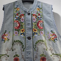Gilet en jean décontracté pour femme, collection Printemps-Été 2026, broderie florale, col mandarin, sans manches, bordure en dentelle, boutons sur le devant, vente en gros