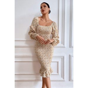 Robe moulante mi-longue à fleurs pour femme FOXA, col carré, manches bouffantes, robe de cocktail smockée style sirène - Product Image 5
