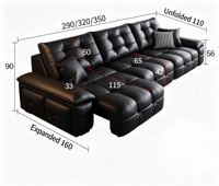 Canapé-lit moderne intelligent électrique rétractable en cuir PU noir, style italien de luxe léger, dossier haut, assise profonde, pour salon