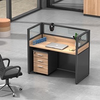 Escritorio de Oficina Individual en Forma de I con Pantalla de Vidrio, Mesa de Computadora para un Solo Trabajador con Gabinete de 3 Cajones