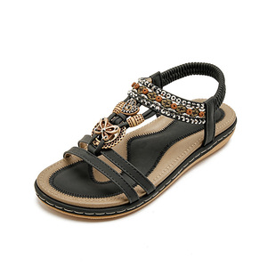 Elegant Open Toe Flat <b>Sandals</b> With Bead Decoration Microfiber Leather Summer Women Shoes Breathable Rubber Outsole - Product Image 5