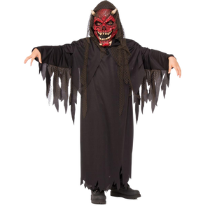 ชุดปีศาจฮาโลวีนสุดหลอน หน้ากากปีศาจหัวกะโหลกสีแดง พร้อมเสื้อคลุมยาวสีดำและฮู้ดตาข่าย สำหรับเด็กและผู้ใหญ่ ชุดแสดงบนเวที - Product Image 1