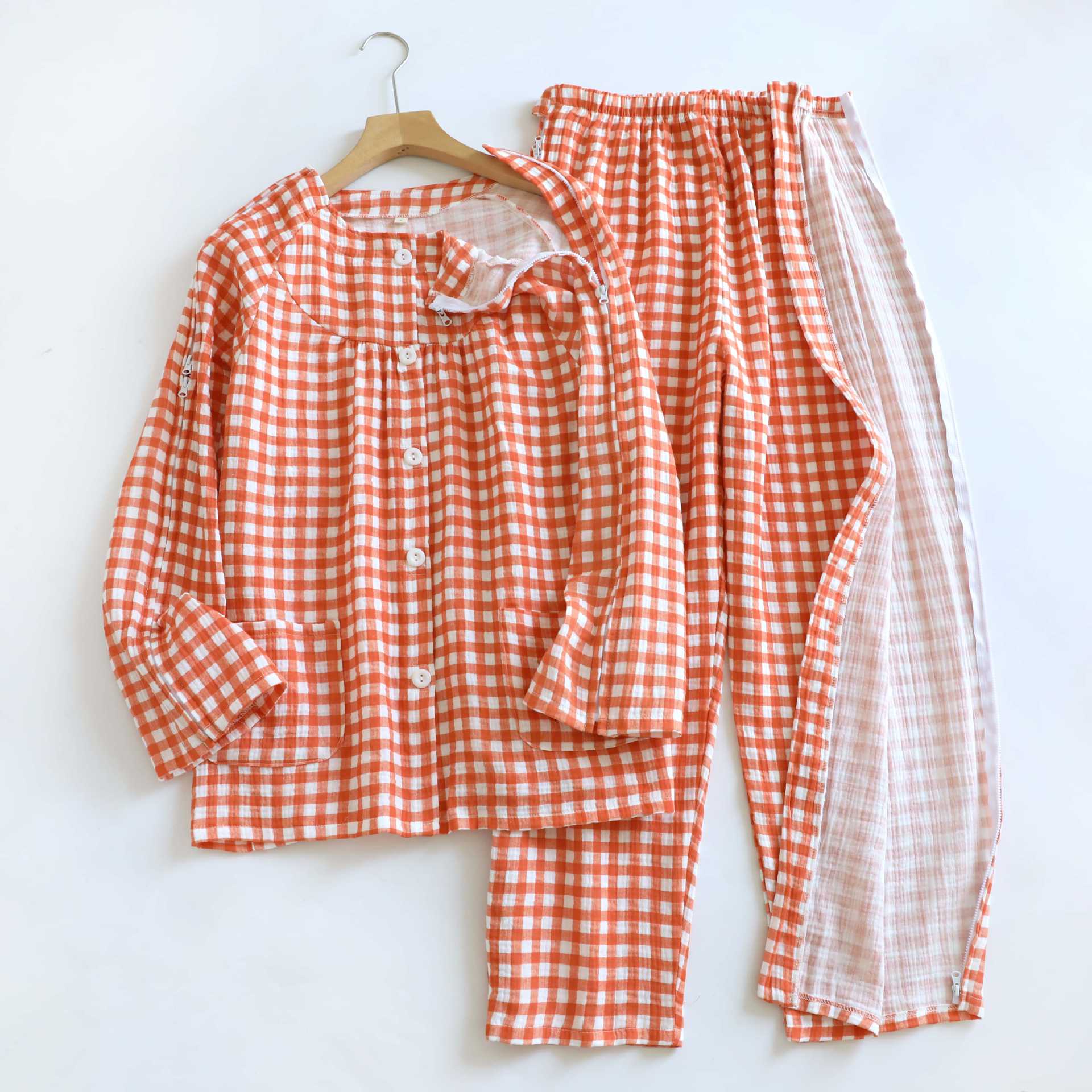 Robe d'allaitement en gaze à carreaux orange-rouge pour femmes, ensemble long et fin