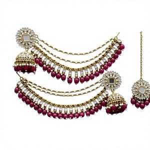 Parure de bijoux ethniques traditionnels plaqués or pour mariée, boucles d'oreilles chandelier, chaîne de perles, Maang Tikka, en alliage, cadeaux - Product Image 1