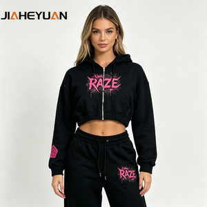 <strong>Women's</strong> Garment Washed Heat Transfer Heavyweight Cotton Terry Cropped Zip <strong>Hoodie</strong> &amp; Wide Leg Pants Two Piece Y2K Streetwear Set - Product Image 5