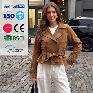 Giacca Corta da Donna in Finta Pelle Scamosciata, Doppiopetto con Cintura in Vita e Risvolto, <span class=keywords><strong>Cappotto</strong></span> Casual - Product Image 1