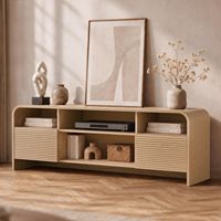 Console multimédia avec portes à panneaux rainurés, coins arrondis, grain de bois clair et construction robuste