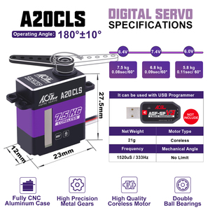 Agfrc a20cls 7.5kg mô-men xoắn cao 21g HV 8.4V thép bánh 0.08 giây coreless Mini kỹ thuật số lập trình servo scx24 1/24 Xe Robot - Product Image 5