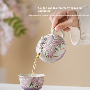 Juego de té de Kung Fu de arcilla pintado a mano con motivos de Glicinia, que incluye una tetera, una taza y un plato, con diseño de peces. - Product Image 3