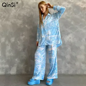QINSI新製品のアイデア2024春ポリエステル生地女性用パジャマ長袖ベルト付きツーピースローブファム