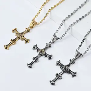 Collier Vintage Personnalisé en Acier Inoxydable pour Homme Longue Chaîne Oeil d'Horus Pendentif Croix Bijoux Punk pour Homme DZ536