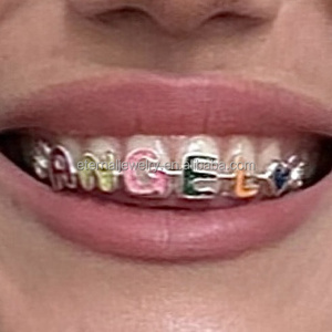 Lettres colorées paillettes opale filles Grillz visage ouvert avec des lettres femmes mignonnes <span class=keywords><strong>dent</strong></span> supérieure S925 <span class=keywords><strong>argent</strong></span> 10k 18k or dents Grillz - Product Image 4