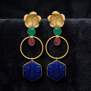 Nouvelle Arrivée Boucles d'Oreilles Pendantes Ethniques en Onyx Vert Rubis, Faites à la Main en Laiton Plaqué Or pour Soirée - Product Image 2